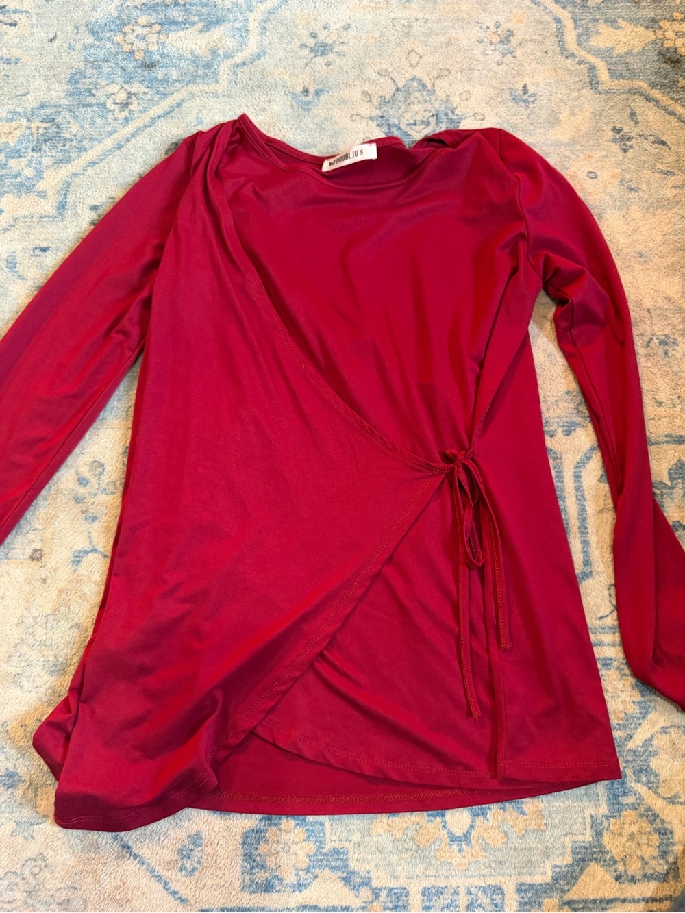 Doublju Raspberry Wrap-Front Long Sleeve Top